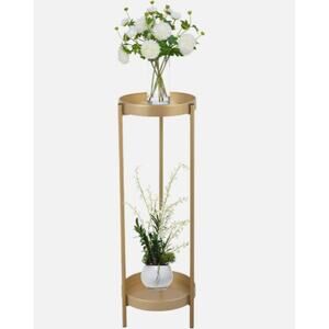 Jaxpety 2-Tier Metal Plant Stand Gold Round Tray Indoor Outdoor Flower Shelf